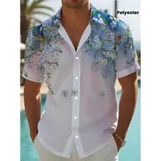 [Camisa Masculina Pastel] Casual De Manga Curta Gradiente Rosa E Azul Estampa Floral Geométrica , Ajuste Regular Lavável
