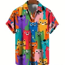 Camisa De Flor Havaiana Masculina Verão Fina Solta Tamanho Grande Manga Curta 3D Impressão Digital Gato Padrão Personali