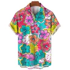 Camisa Masculina Verão Nova Havaiana Casual De Praia Manga Curta Flor Planta Lapela Roupas De Férias Vestuário 1