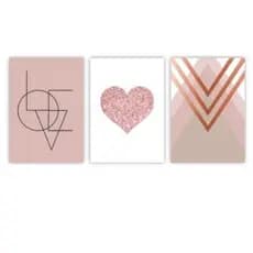 Kit 3 Quadro Decorativos Sala, Quarto, Escritório Cozinha Decoração 20x30 rose gold love coração