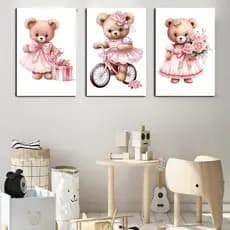 Quadros de decoração para quarto infantil, Ursinha, ursa rosa, Bicicleta flores, kit com 3 placas - Tam 20x30cm