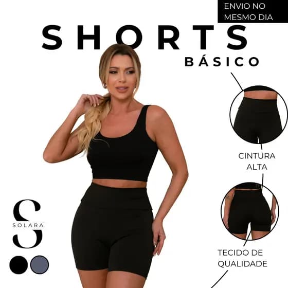 Shorts Basico Cintura Alta Academia Casual Suplex Feminino Curto Preto Cinza Mescla