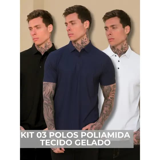KIT 03 Camisa Polo Poliamida Premium Camiseta Masculina com Gola e Botao Tecido Gelado Elastico Sem Costura