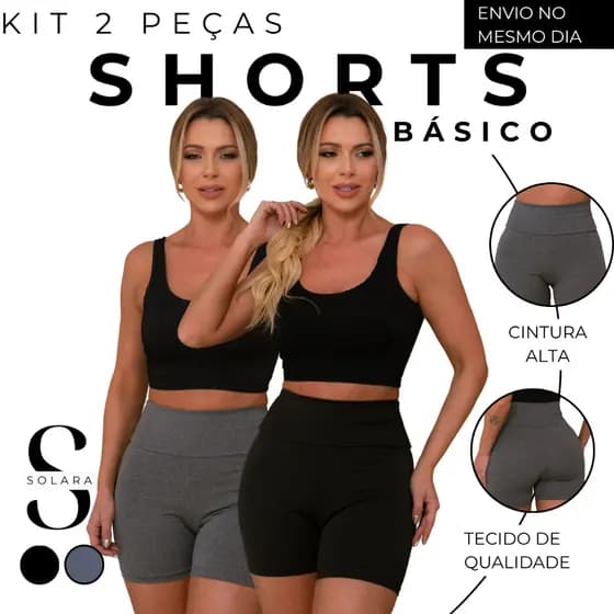 KIT 02 Shorts Basico Cintura Alta Academia Casual Suplex Feminino Curto Preto Cinza Mescla
