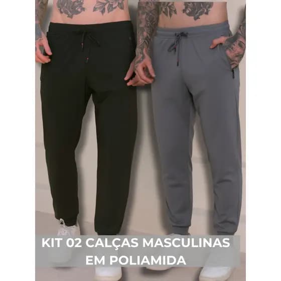 KIT 02 Calça Masculina Jogger com Bolso e Fitas Esportiva Poliamida para uso Academia Casual