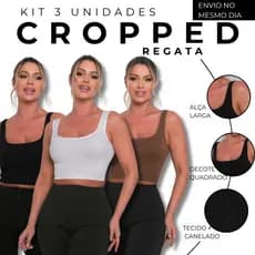 KIT 03 Regata Cropped Alça Grossa Poliamida Canelado Premium Top Uso Casual Academia Esportivo Fitness