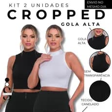 KIT 02 Cropped Poliamida Gola Alta Premium Canelado Regata Sem Transparencia Uso Casual Esportivo Academia