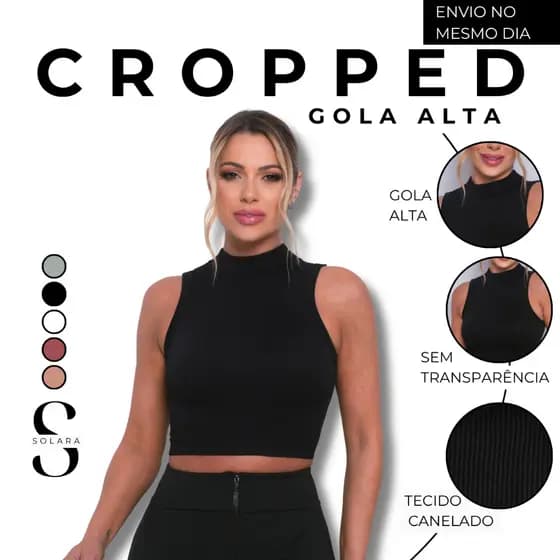 Cropped Poliamida Gola Alta Premium Canelado Regata Sem Transparencia Uso Casual Esportivo Academia