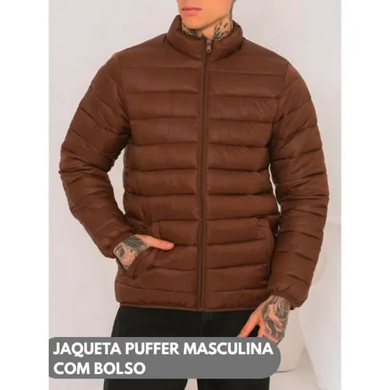 Jaqueta Puffer Masculina Inverno Acolchoada Leve e Quente Com Zíper Bolso Casual Moda Casaco Bobojaco Inverno