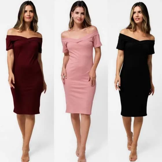 Vestido Midi Manga Curta Ombro a Ombro