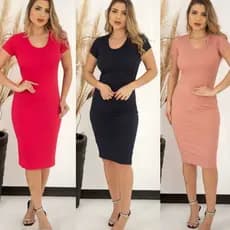 Vestido Midi Manga Curta Gola Redonda Tubinho