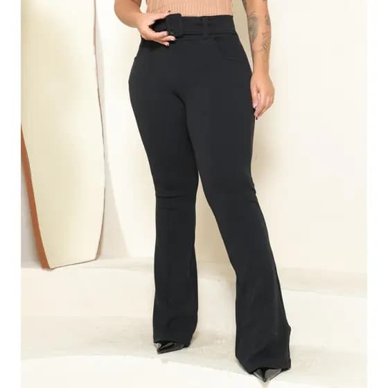 Calça Feminina Skinny Com Cinto Forrado Crepe Cintura Flare