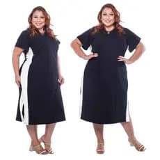 Vestido Mídi Plus Size com Fenda Lateral de Algodão e Manga ] Moda Casual Evangelico Mais Vendidos
