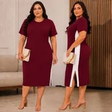 Vestido Feminino Plus Size Algodão Fenda Lateral Manga Curta Casual Confortável  Moda Evangélica