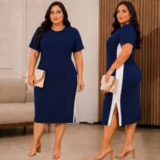 Vestido Midi Feminino Plus Size G1 G2 Algodão com Fenda Lateral Manga Curta Confortável Evangélica