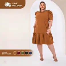 Vestido Plus Size G2 54/56 Algodão Manga Bufante Midi com Babado Feminino Casual Moda Evangelica Curve