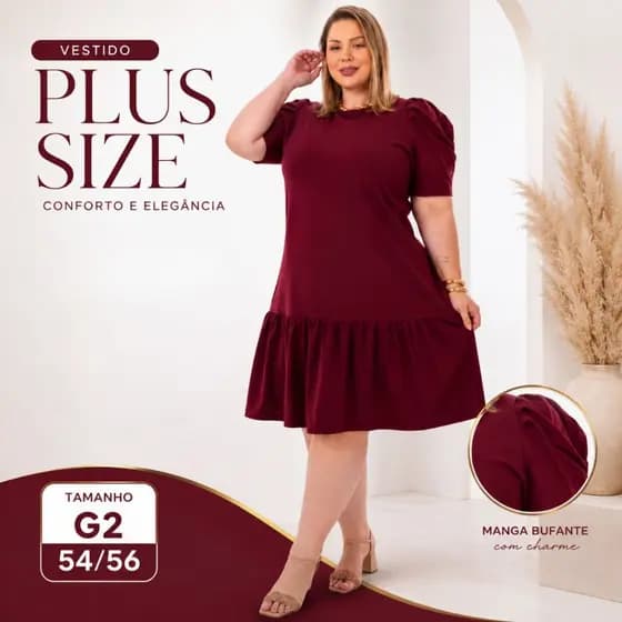 Vestido Feminino Plus Size 54/56 G2 Algodão Midi Manga Bufante com Babado Evangélico Mais Vendidos
