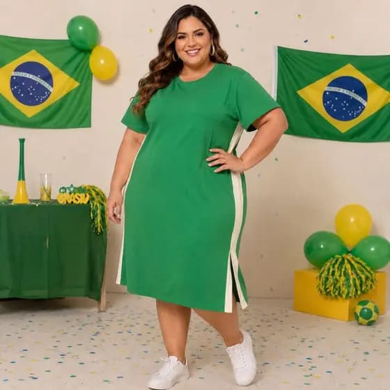 Vestido Plus Size Veste do 50/56 Algodão Casual Brasil Copa do Mundo Moda Curve Manga Curta Dia a Dia