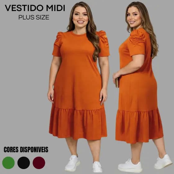 Vestido Feminino Plus Size Algodão G1 Midi Evangélico Manga Bufante Elegante Confortável Casual