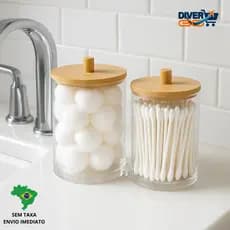 Porta Cotonetes Duplo Em Acrílico Com Tampa Bambu 15x15x12cm Organizador de Algodão Super Resistente