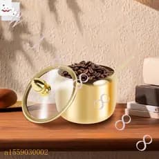 Recipiente De Açúcar De Aço Inoxidável 304 Com Tampa De Vidro Transparente E Colher Açucareiro Dourado Frasco 10 Onças C