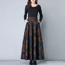 Saia xadrez de lã a linha saia grande bainha saia longa saia de comprimento médio feminino outono inverno novo estilo Pl