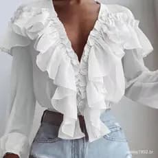 Camisa De Chiffon Solta Com Decote Em V Manga Comprida Cor Sólida Gola Babado Blusa Pulôver Doce