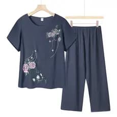 Conjunto De Roupa De Algodão E Linho Plus Size Feminino Com Estampa De Manga Curta + Calça Larga