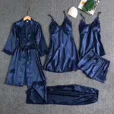 5 Peças Roupão De Seda Roupa De Dormir Feminina Renda Cetim Pijama Conjunto Com Decote Em V Cami Camisola U