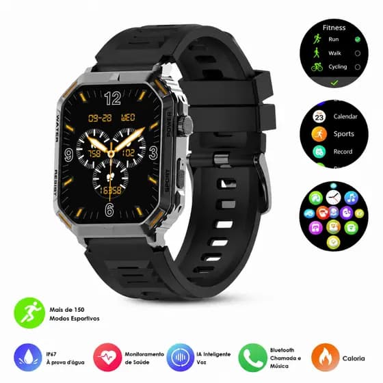 Smartwatch Feminino/Masculino Preto 1.96” HD | Monitoramento de Saúde, Exercícios, Clima em Tempo Real e Multifuncional