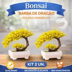 Kit 2 Bonsai Artificial Barba de Dragão com Folhas Amarelas Decorativo Estilo Zero Manutenção