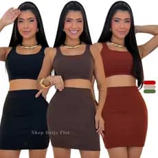 Conjunto Verão Canelado Curto Feminino Zero Transparência Casual Minimalista Curto Fresquinho