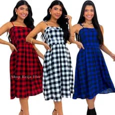 Vestido Feminino Midi Xadrez Moda Festa Junina Confortável Elegante Quadrilha Caipira Casual