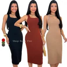 Vestido Midi Canelado de Algodão Zero Transparência Casual Elegante Basico Feminino Minimalista