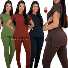 Conjunto Canelado de Algodão Zero Transparência Casual Elegante Calça com Blusa Longa Frio Inverno