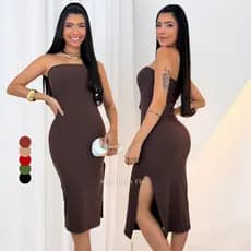 Vestido Fenda Canelado de Algodão Zero Transparencia Casual Basico Minimalista