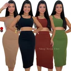 Conjunto Midi Malha Canelada Toque Algodão Premium Casual Elastano Confortável o Ano Todo