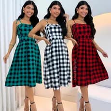 Vestido Feminino Midi Xadrez Confortável Elegante Moda Festa Junina Quadrilha Caipira Casual