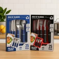 Jogo de Talheres 25 Peças com Porta Talher, Aço Inox e Cabos Duráveis - Promoção