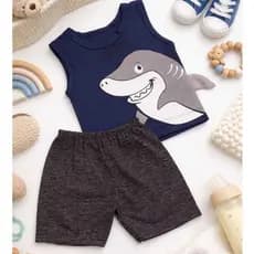 Conjunto Bebê Menino Regata + Shorts Tactel Estampa Tubarão 2 a 4 Meses