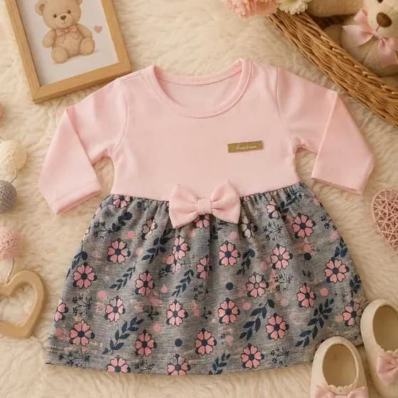 Vestido Manga Longa Bebê Menina Recém Nascida Floral