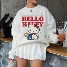 Blusa de Frio Moletom Algodão Feminino Gola Careca Hello Kitty Blusão Tendência Moda Casaco