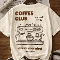 Camiseta Feminina Retrô Coffee Club Vintage 100% Algodão Blusa Estampada Café Camisa Masculina