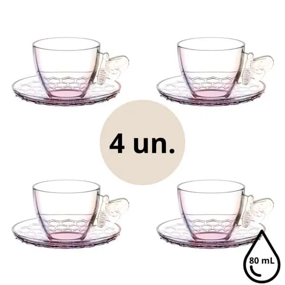 Jogo de Xícaras com Pires de Vidro 80 mL Linha Bee Abelha - Hauskraft