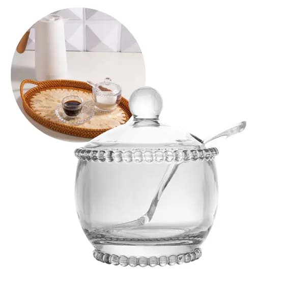 Açucareiro De Cristal com Colher e Tampa Bolinhas Pearl Wolff 200 mL