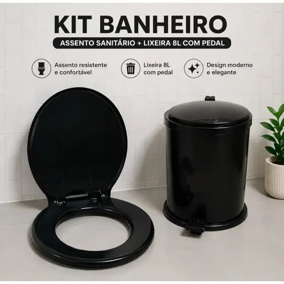 Combo Banheiro Lixeira com pedal 8L + Assento Sanitário Universal Branco ou Preto.