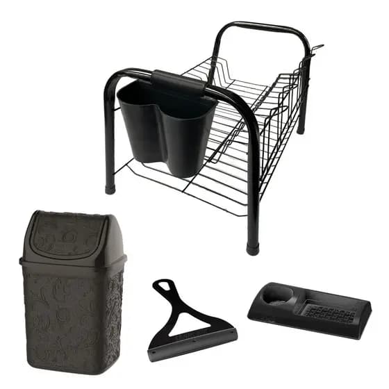 Kit Cozinha C/ Escorredor De Louça + Rodinho De Pia + Porta Detergente + Porta Talher Encaixavel + Cesto De Lixo 4,5