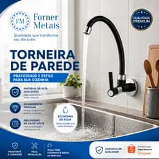 Torneira De Cozinha Parede Pia 1/4 De Volta Econômica Bica Móvel  Preta ABS
