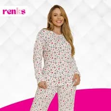 Pijama Feminino De Frio Manga Longa Em Suede Estampado