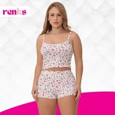 Pijama Baby Doll Cropped Virgínia Estampado Em Suede Ondinha